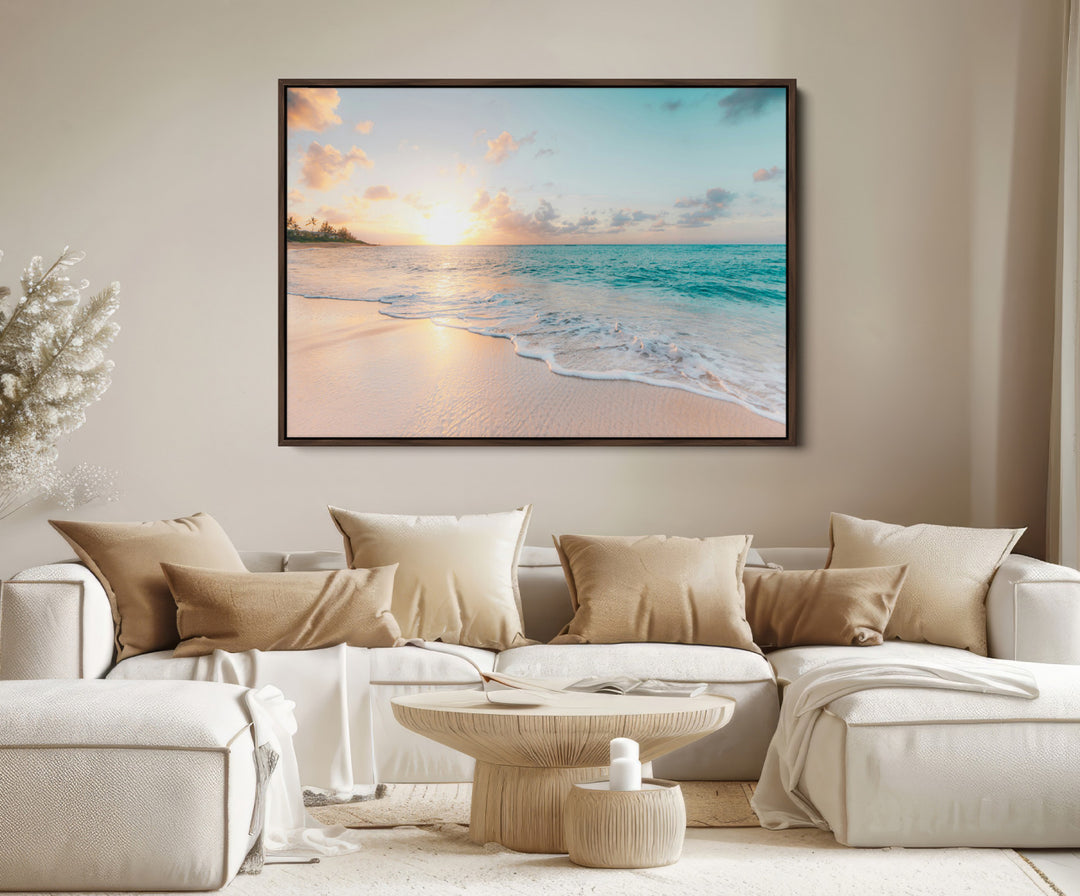 Beach Sunset Wall Art Canvas Print, Framed Ocean Waves Art Picture Print, Summer Escape Perfect Coastal Decor Artwork