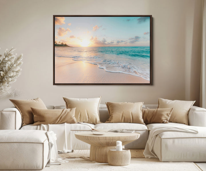 Beach Sunset Wall Art Canvas Print, Framed Ocean Waves Art Picture Print, Summer Escape Perfect Coastal Decor Artwork