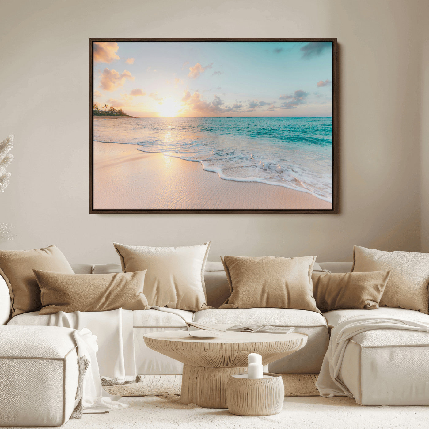 Golden sunset over a tropical beach with gentle ocean waves and soft white sand, creating a peaceful and relaxing coastal scene.