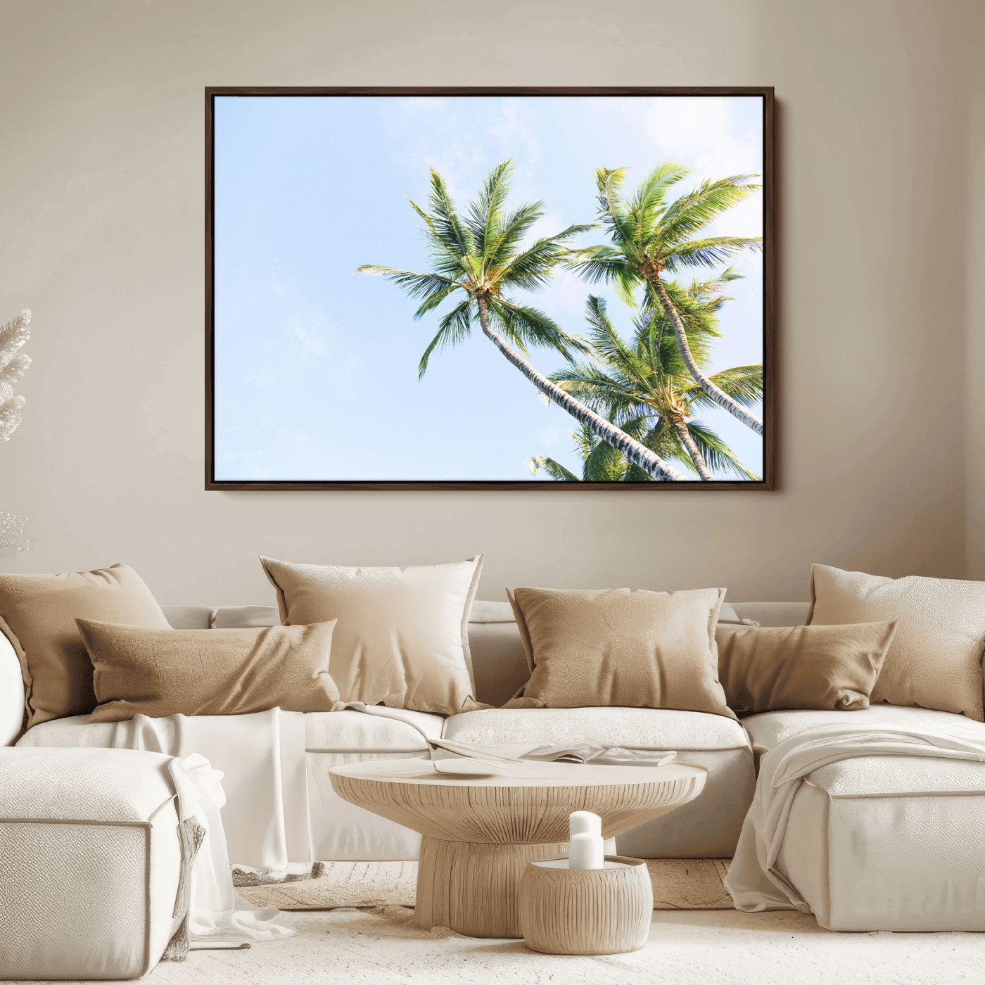 Tall palm trees swaying under a bright blue sky, capturing a tropical and minimalist beach vibe, perfect for coastal-inspired wall art.