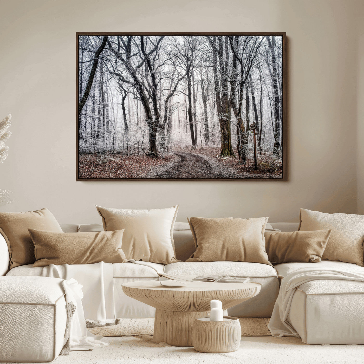 Snow-covered trees in a misty winter forest with a winding path, creating a serene and mysterious atmosphere, perfect for nature-inspired wall art.