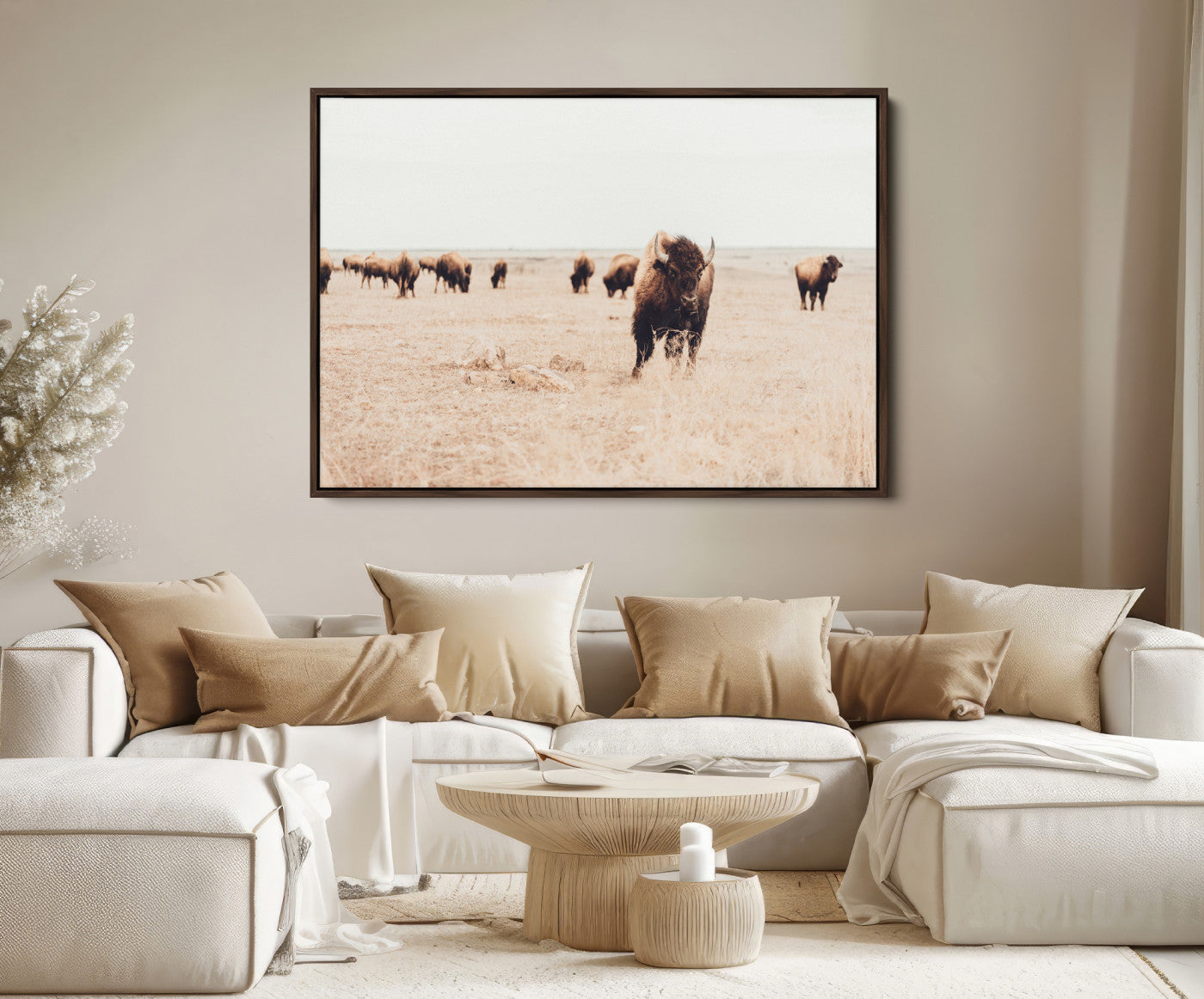 61367865-MGV-FC-36X24_Walnut-Bison Herd Wall Art Canvas Print, Framed Western Art Picture Print, Prairie Serenity Perfect Ranch Decor Artwork