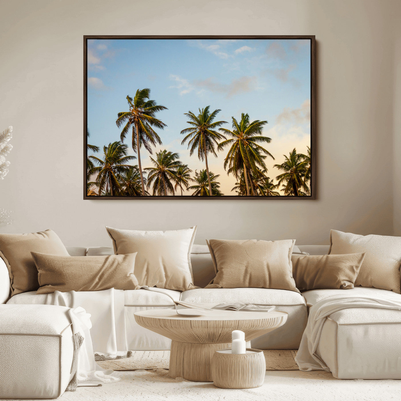 Tall palm trees swaying under a soft sunset sky, creating a tropical and relaxing atmosphere, perfect for coastal and beach-inspired wall art.