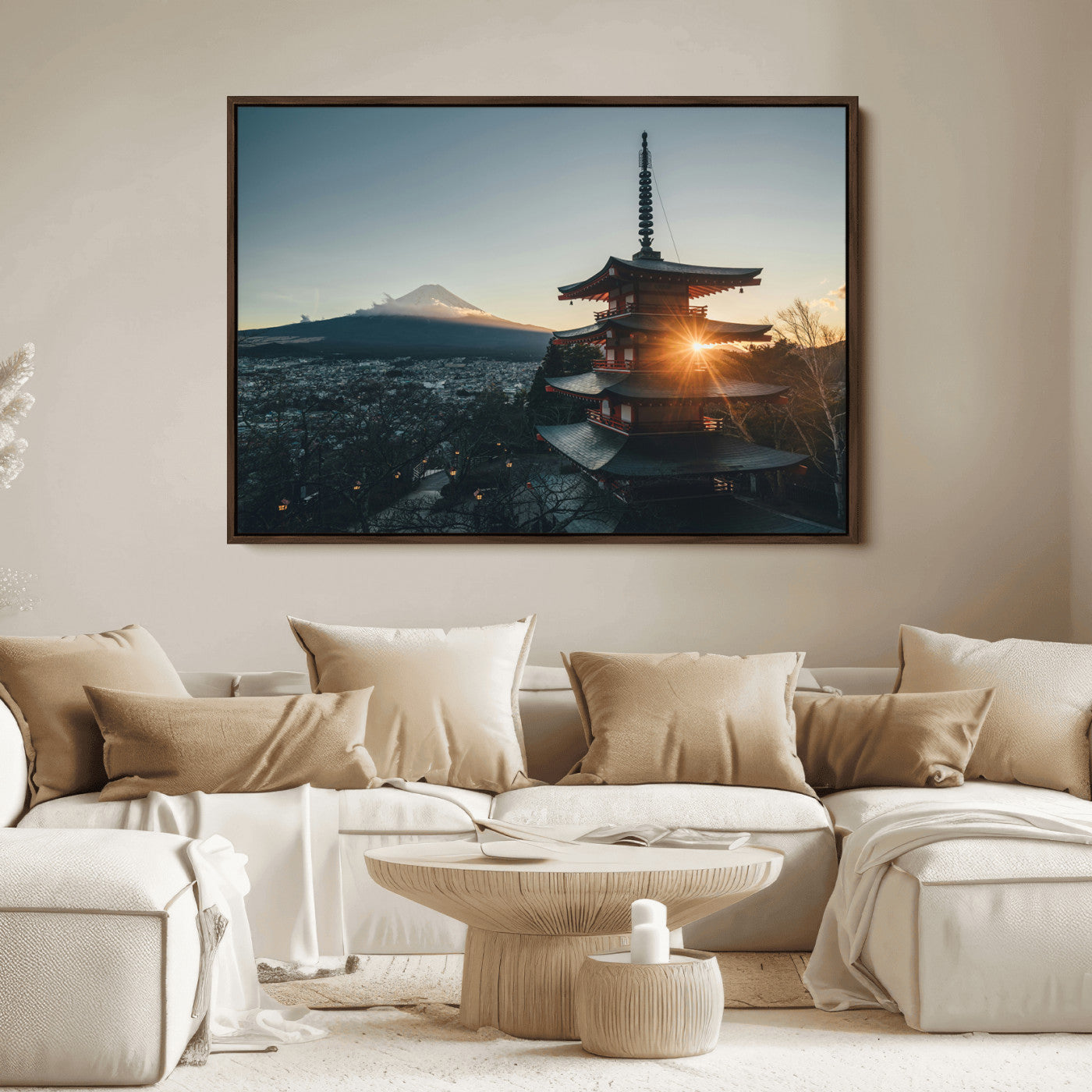 Chureito Pagoda at sunset with Mount Fuji in the background, city lights below, and golden sun rays, ideal for Japanese-inspired wall art.