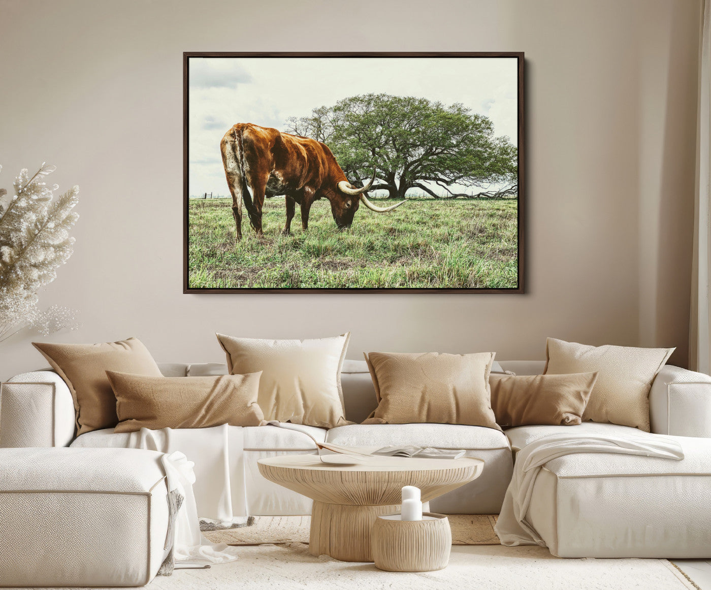 91866234-MGV-FC-36X24-Texas Longhorn Wall Art Canvas Print – Rustic Western Ranch Scene Cattle Country Farmhouse Artwork for Home Office