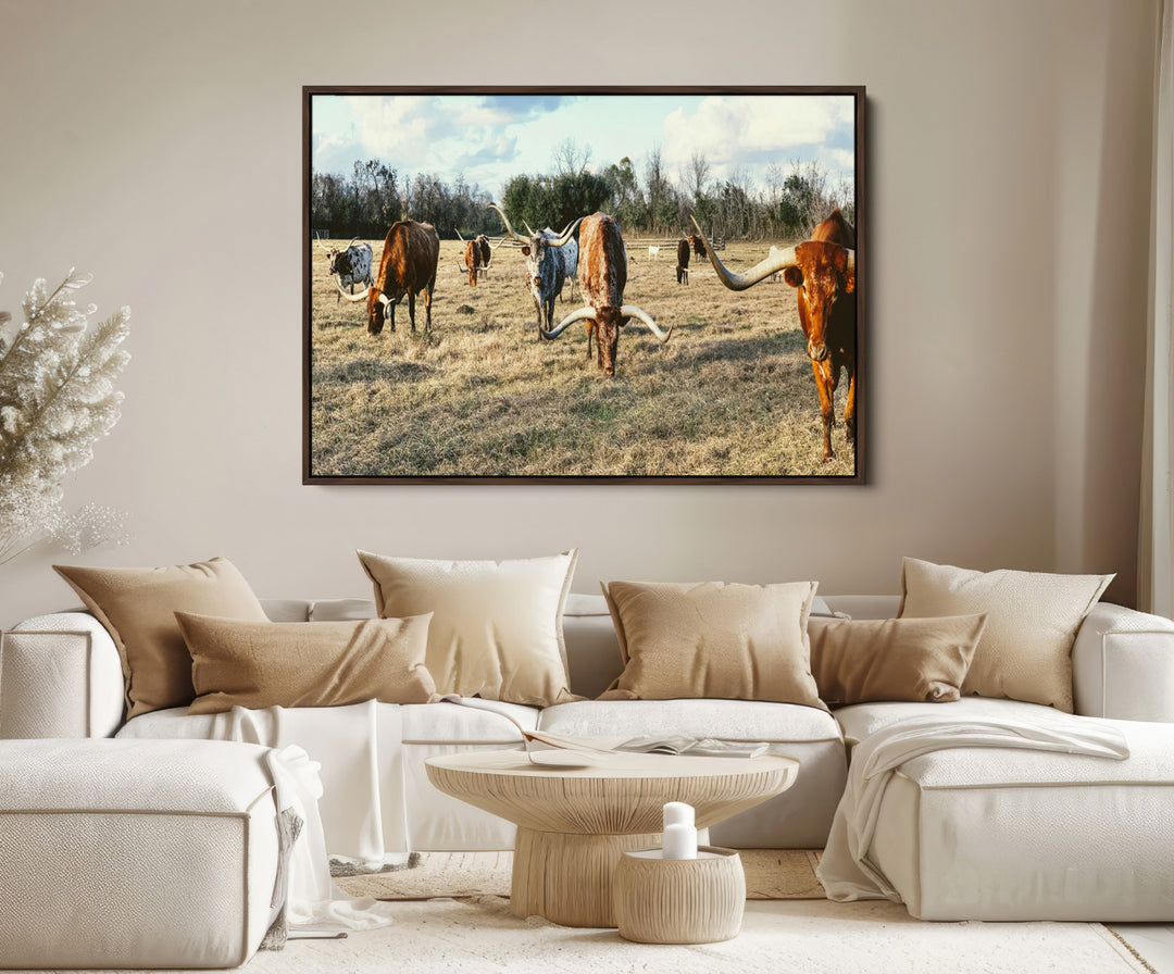 Texas Longhorns Wall Art Canvas Print, Framed Rustic Farm Scene Art Picture Print, Western Cattle Print Canvas Perfect Rustic Farmhouse