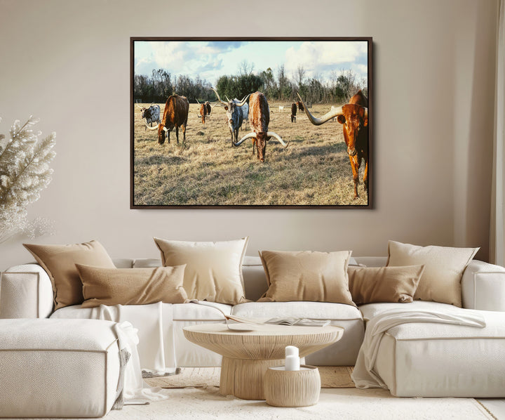 Texas Longhorns Wall Art Canvas Print, Framed Rustic Farm Scene Art Picture Print, Western Cattle Print Canvas Perfect Rustic Farmhouse