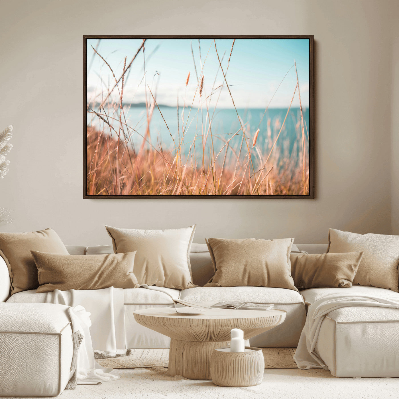 36108696-MGV-FC-36X24_Walnut-Golden Beach Grass Ocean Breeze Soft Focus Tranquil Coastal Calm Blue Sky Seascape Nature Wall Art Canvas Print