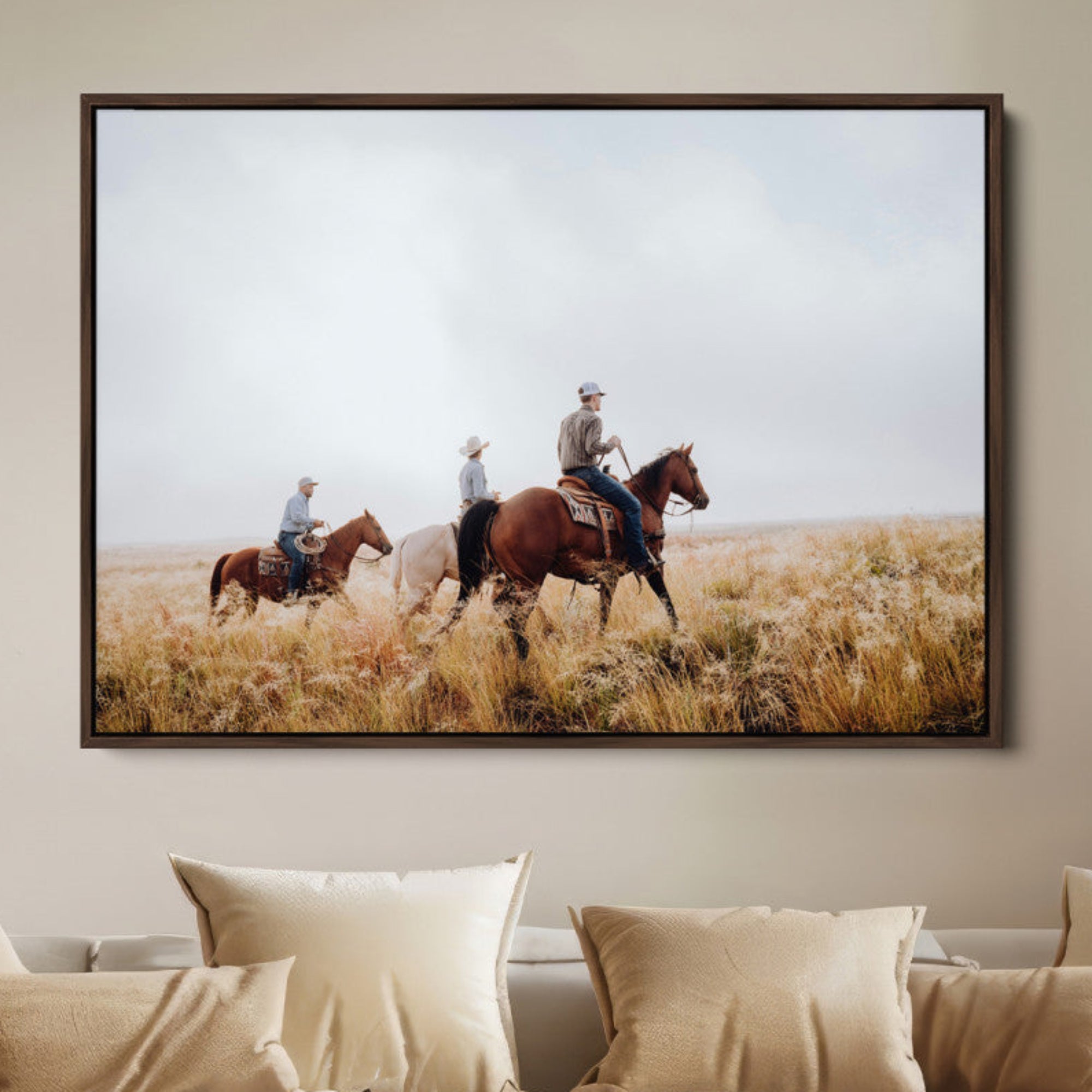 94723307-MGV-FC-36X24-Western Cowboys Wall Art Canvas Print – Rustic Prairie Horseback Riding Scene Country Landscape Artwork for Home Office