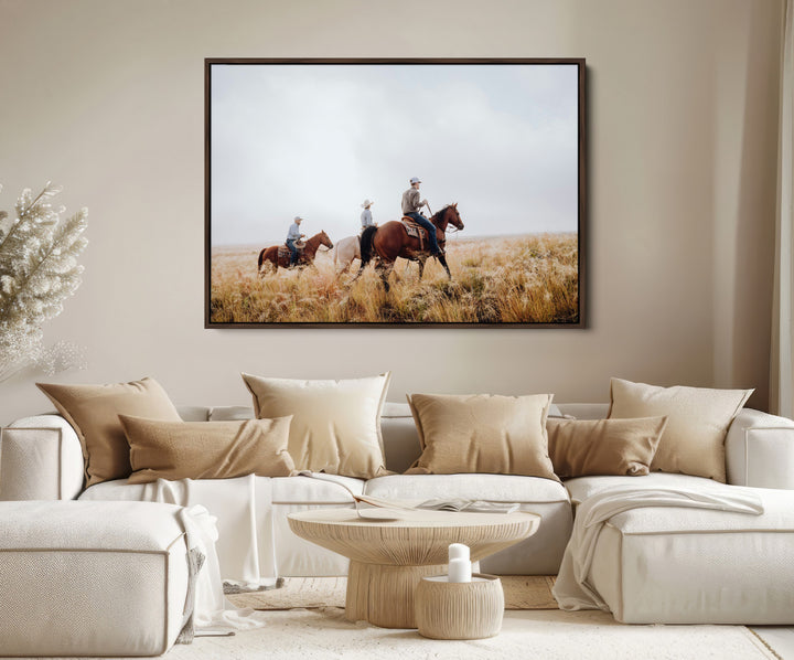 Western Cowboys Wall Art Canvas Print, Framed Rustic Prairie Art Picture Print, Horseback Riding Print Canvas, Perfect Rustic Western Decor