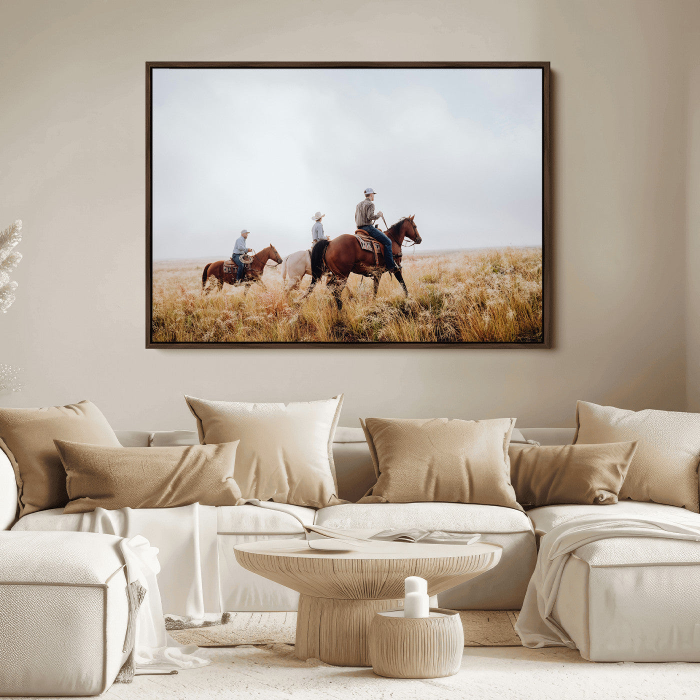 Three cowboys riding horses through a foggy prairie landscape, dressed in Western attire, evoking a rustic and adventurous Wild West aesthetic.