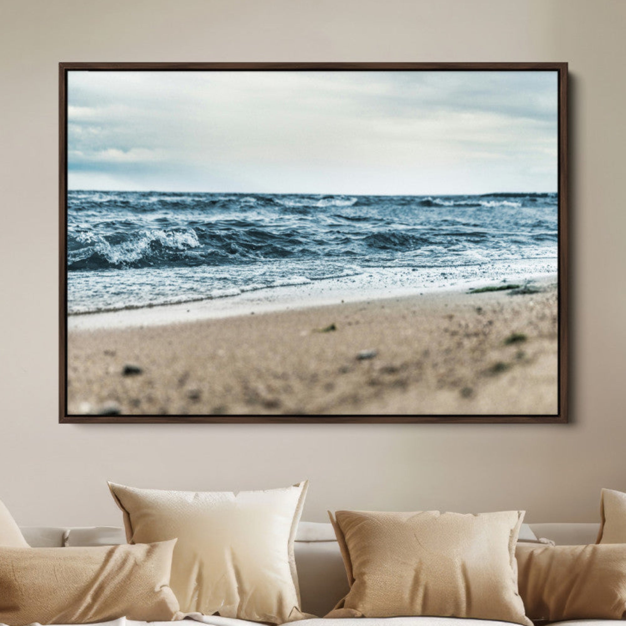 81812590-MGV-FC-36X24-Ocean Wall Art Canvas Print – Moody Coastal Seascape Scene Framed Beach Waves Nature Artwork for Home Office