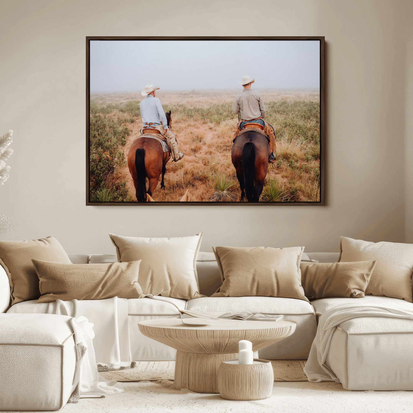 Two cowboys riding horseback through a misty prairie, capturing the rustic and adventurous spirit of the Western frontier.