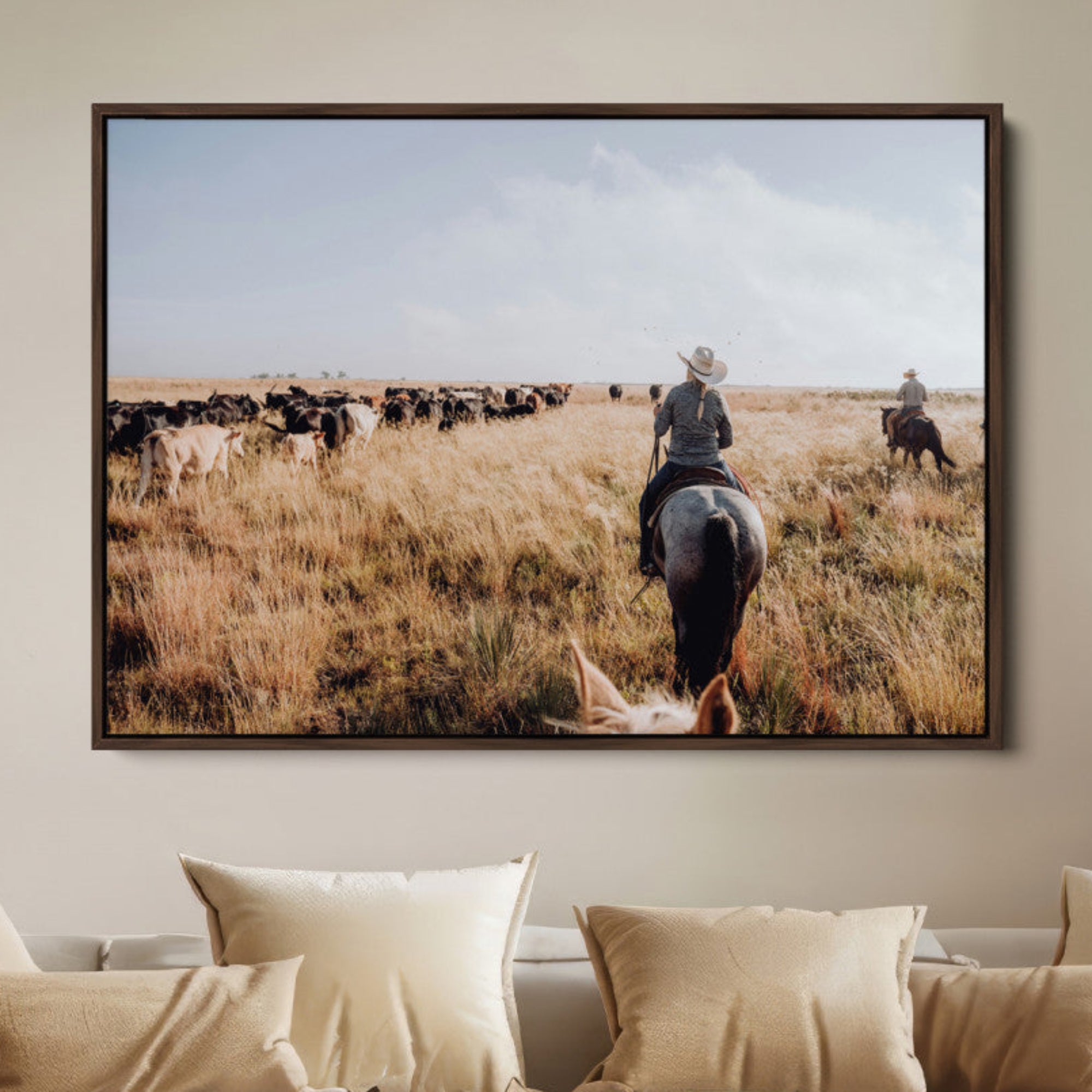 22431577-MGV-FC-36X24-Western Wall Art Canvas Print – Framed Cowboy Cattle Drive Scene Rustic Ranch Landscape Artwork for Home Office