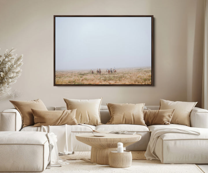 Foggy Plains Wall Art Canvas Print, Framed Horseback Riders Art Picture Print, Rustic Western Perfect Rustic Western Decor Artwork
