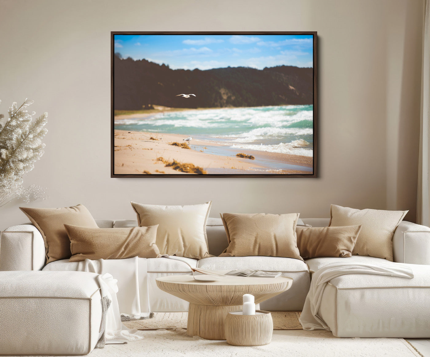 84260965-MGV-FC-36X24-Tranquil Beach Scene Wall Art Canvas Print – Framed Blue Ocean Waves Sandy Shore Coastal Nature Artwork for Home Office
