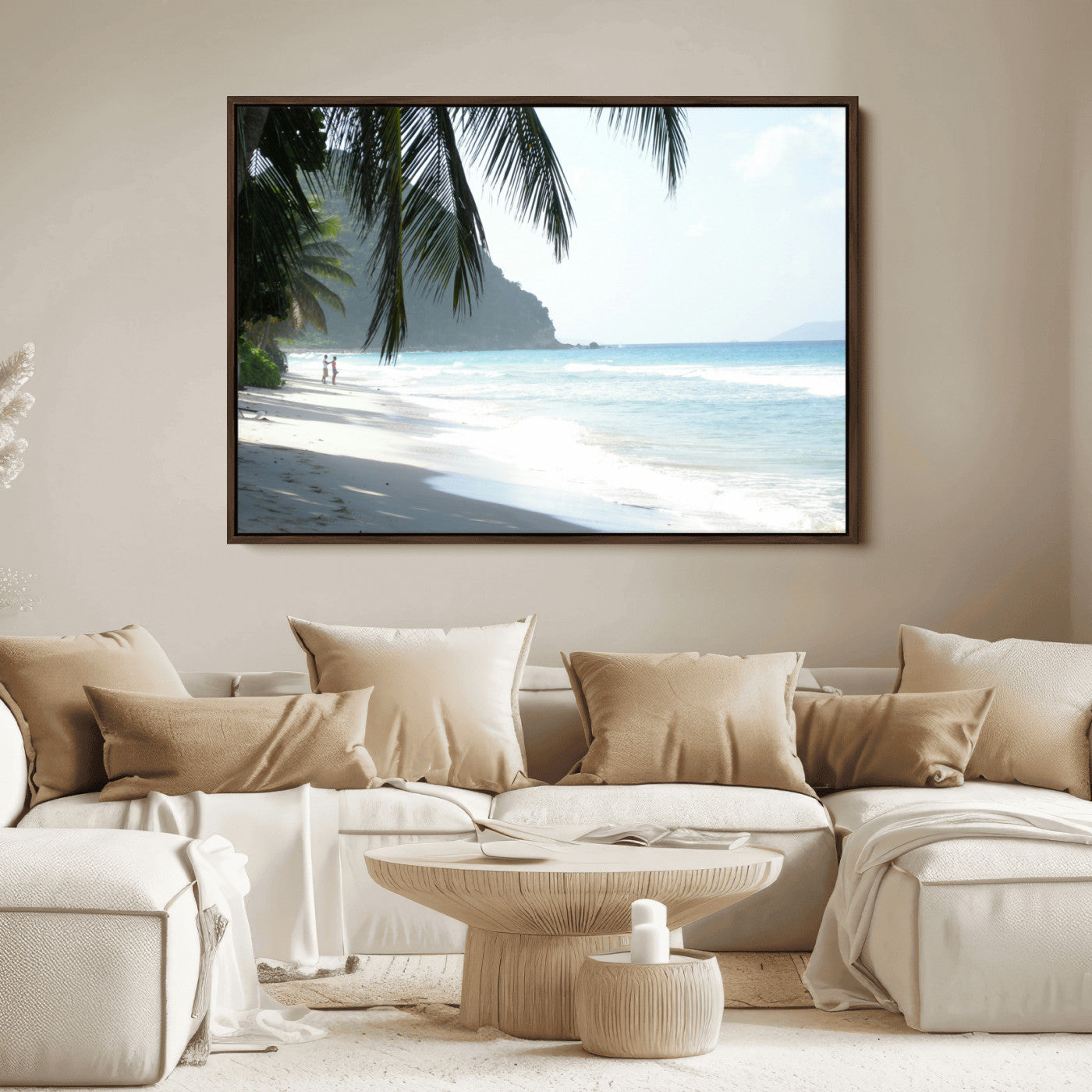 Tropical beach with palm tree shadows, white sand, and turquoise ocean waves, creating a serene and relaxing island escape atmosphere.