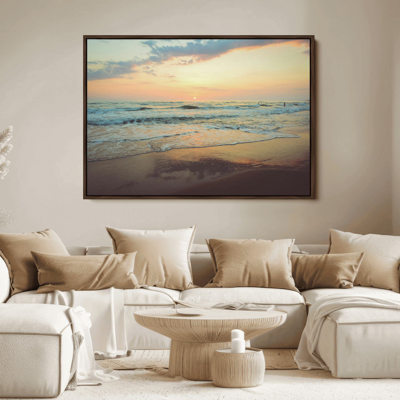 Warm sunset over gentle ocean waves with pastel sky and reflections on wet sand, creating a calm and soothing beach ambiance.