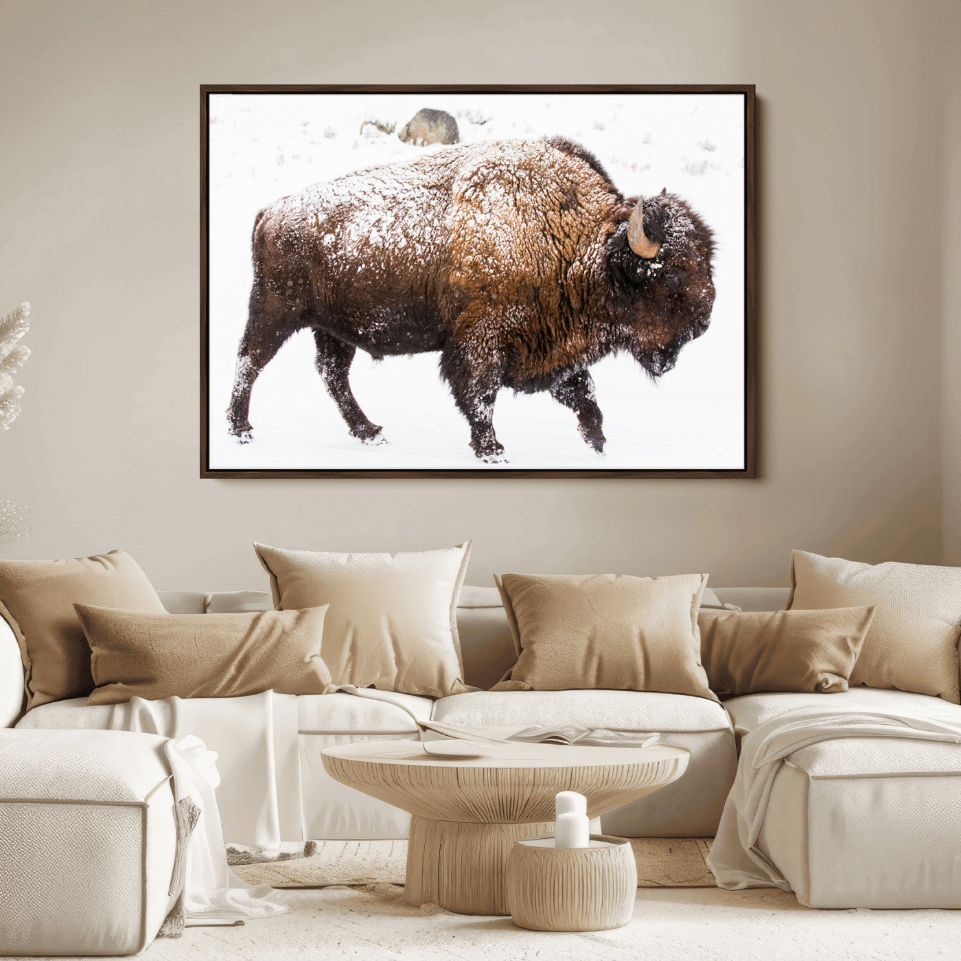 Side profile of a powerful bison walking through deep snow, with frost-covered fur and a white winter background, perfect for rustic and western decor.