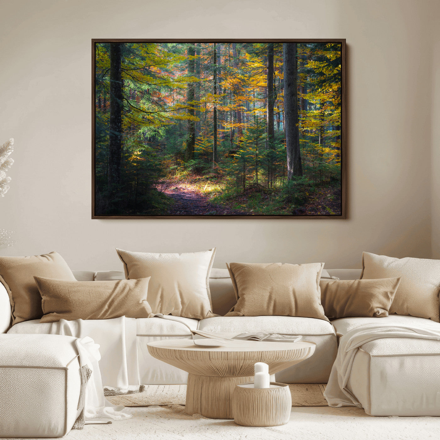 A serene autumn forest with golden and green leaves, a misty atmosphere, and a sunlit pathway, creating a tranquil nature-inspired wall art piece.