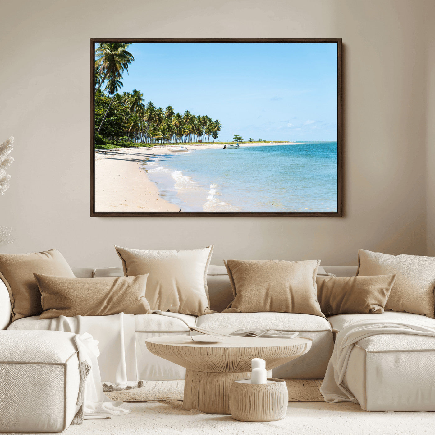 A serene tropical beach with clear blue water, soft sand, and lush palm trees under a bright sky, creating a peaceful island paradise atmosphere.