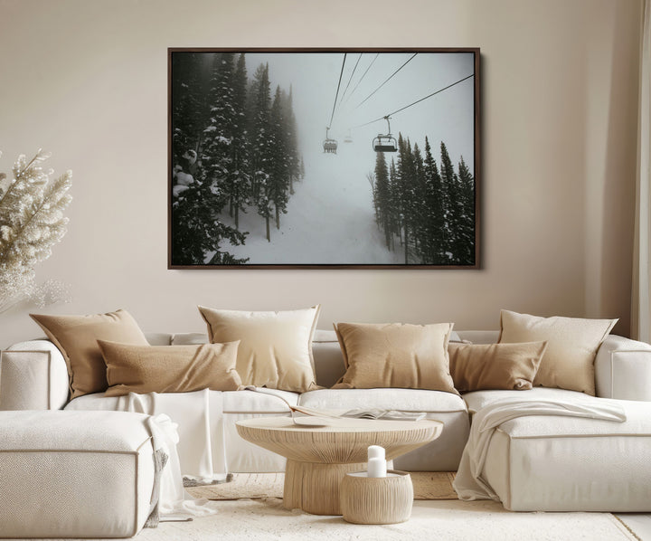 Ski Lift Wall Art Canvas Print, Framed Snowy Pines Art Picture Print, Misty Landscape Perfect Winter Serenity Decor Artwork