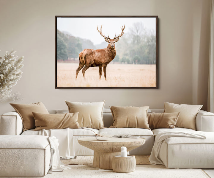 Vintage Wildlife Canvas Print, Framed Misty Landscape Art Picture Print, Deer Wall Art Perfect Rustic Wildlife Decor Artwork