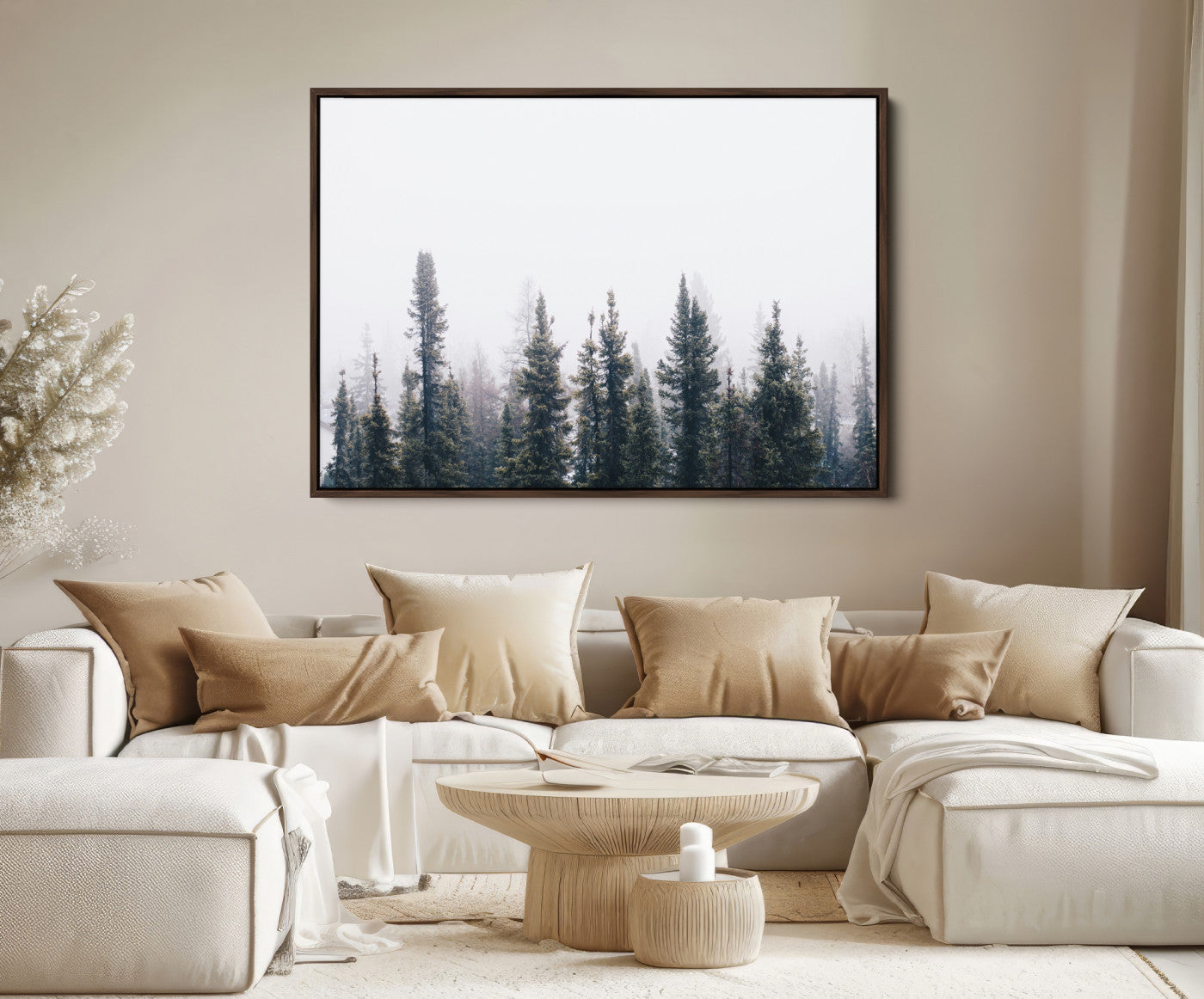 42364796-MGV-FC-36X24_Walnut-Foggy Forest Wall Art Canvas Print, Framed Misty Pines Art Picture Print, Moody Woodland Perfect Scandinavian Minimalist Decor Artwork