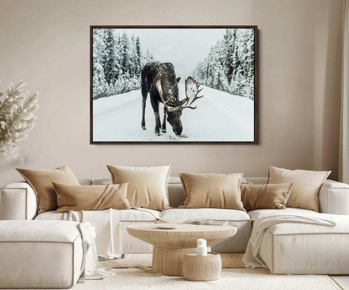 Moose in Snow Wall Art Canvas Print, Framed Winter Wildlife Art Picture Print, Snowy Forest Scene Perfect Rustic Lodge Decor Artwork