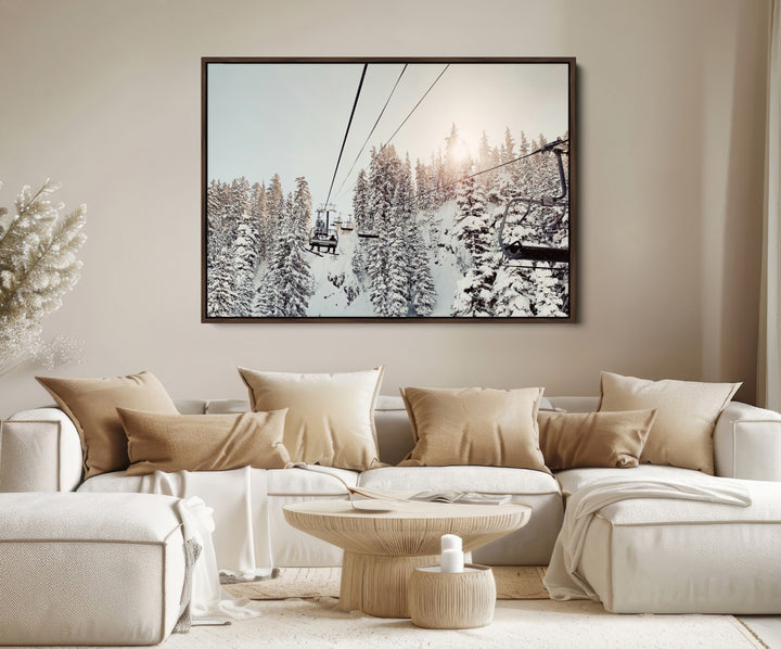 Frosty Pines Wall Art Canvas Print, Framed Cozy Cabin View Art Picture Print, Ski Lift Ride Perfect Rustic Lodge Decor Artwork