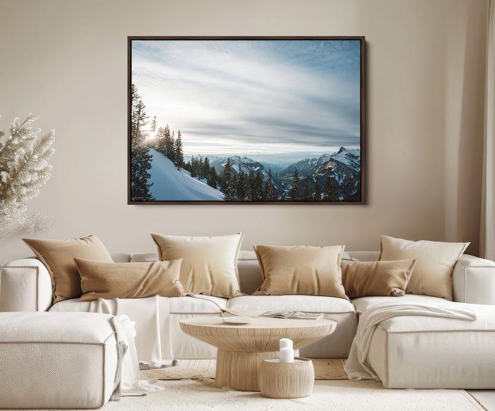 Snowy Mountains Wall Art Canvas Print, Framed Alpine Landscape Print, Frosty Peaks Perfect Nordic Minimalist Decor Artwork