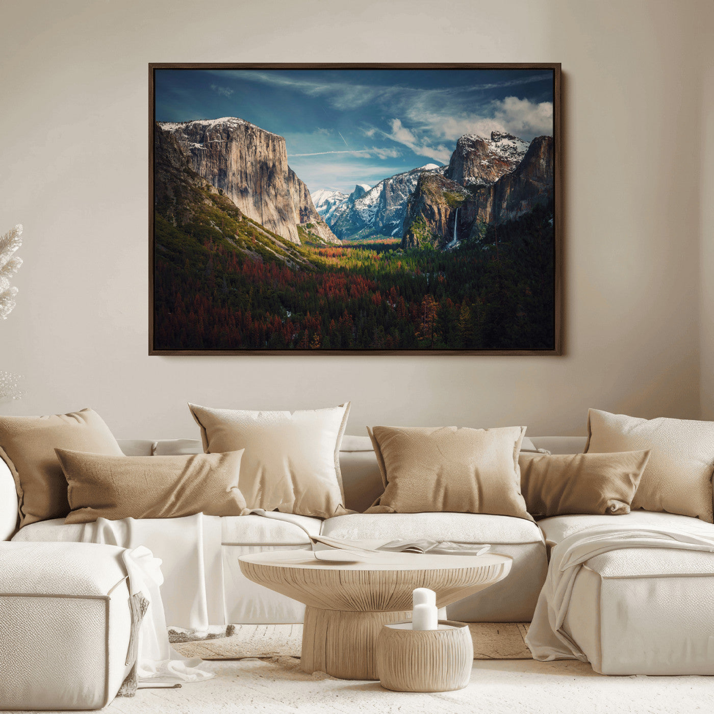 Framed canvas print of Yosemite National Park, featuring El Capitan and a scenic waterfall, ideal for rustic farmhouse or adventure-themed home decor.