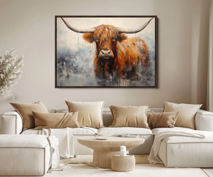 Scottish Highland Wall Art Canvas Print, Framed Longhorn Art Picture Print, Western Cow Perfect Farmhouse Decor Artwork