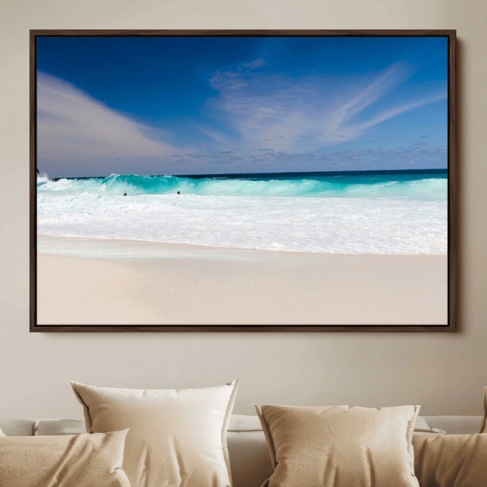 55017356-MGV-FC-36X24_Walnut-Ocean Breeze Wall Art Canvas Print, Aqua Waves and Coastal Horizon with Tranquil Blue Sky Decor for Home, Office
