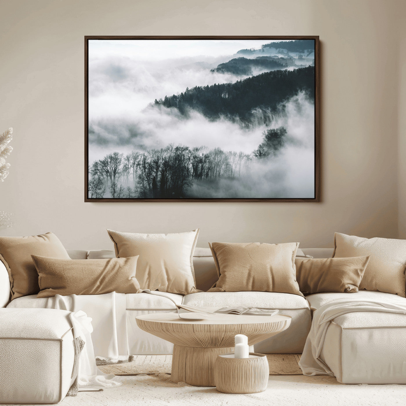 67569654-MGV-FC-36X24_Walnut-Foggy Forest Landscape Wall Art Canvas Print – Misty Mountain Valley Scene in Monochrome Tones, Perfect for Minimalist or Nordic Home Decor