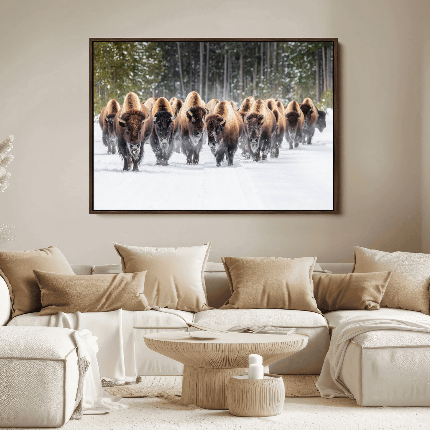 American Bison Herd in Snow Wall Art Canvas Print – Powerful Winter Wildlife Scene with Buffalo in Motion, Perfect for Rustic Lodge or Western Cabin Decor