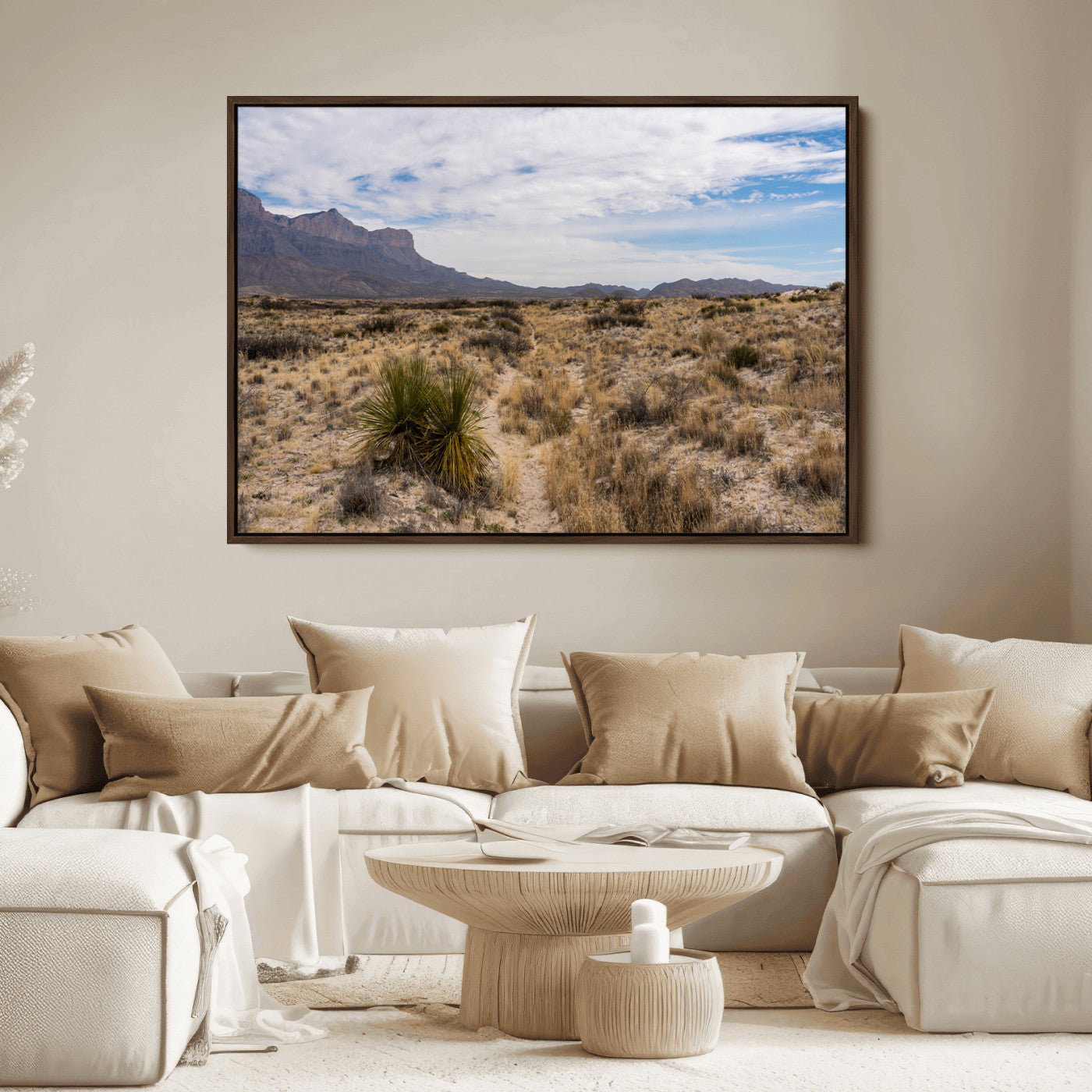 A scenic desert landscape with dry grasses, scattered shrubs, and a distant mountain range under a partly cloudy blue sky.