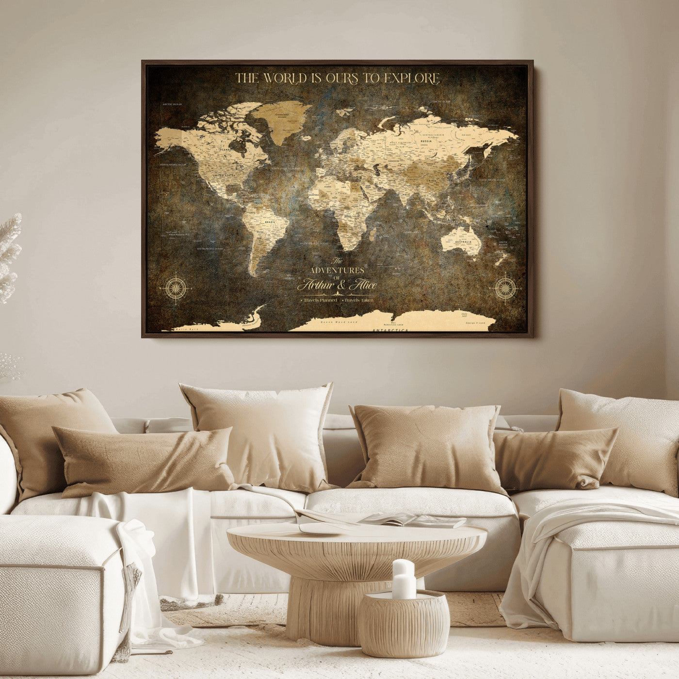 76675404-MGV-CV-36X24-Framed Push Pin World Travel Map – Canvas Wall Art for Tracking Adventures, Decorative Vintage Style Map with Pins for Home or Office - H1