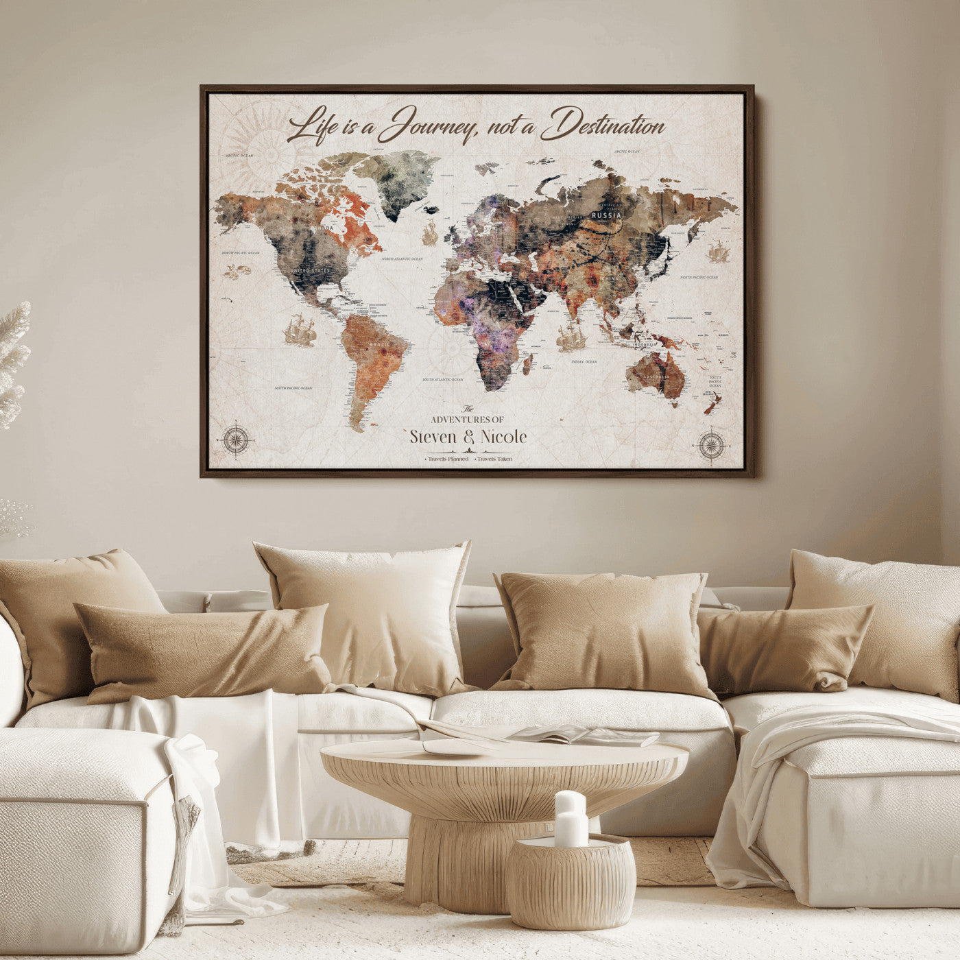 96000140-MGV-CV-36X24-Custom Push Pin World Map Wall Canvas Print – Personalized Travel Tracker with Pins – Framed Large Multi-Size Canvas for Home Office Decor