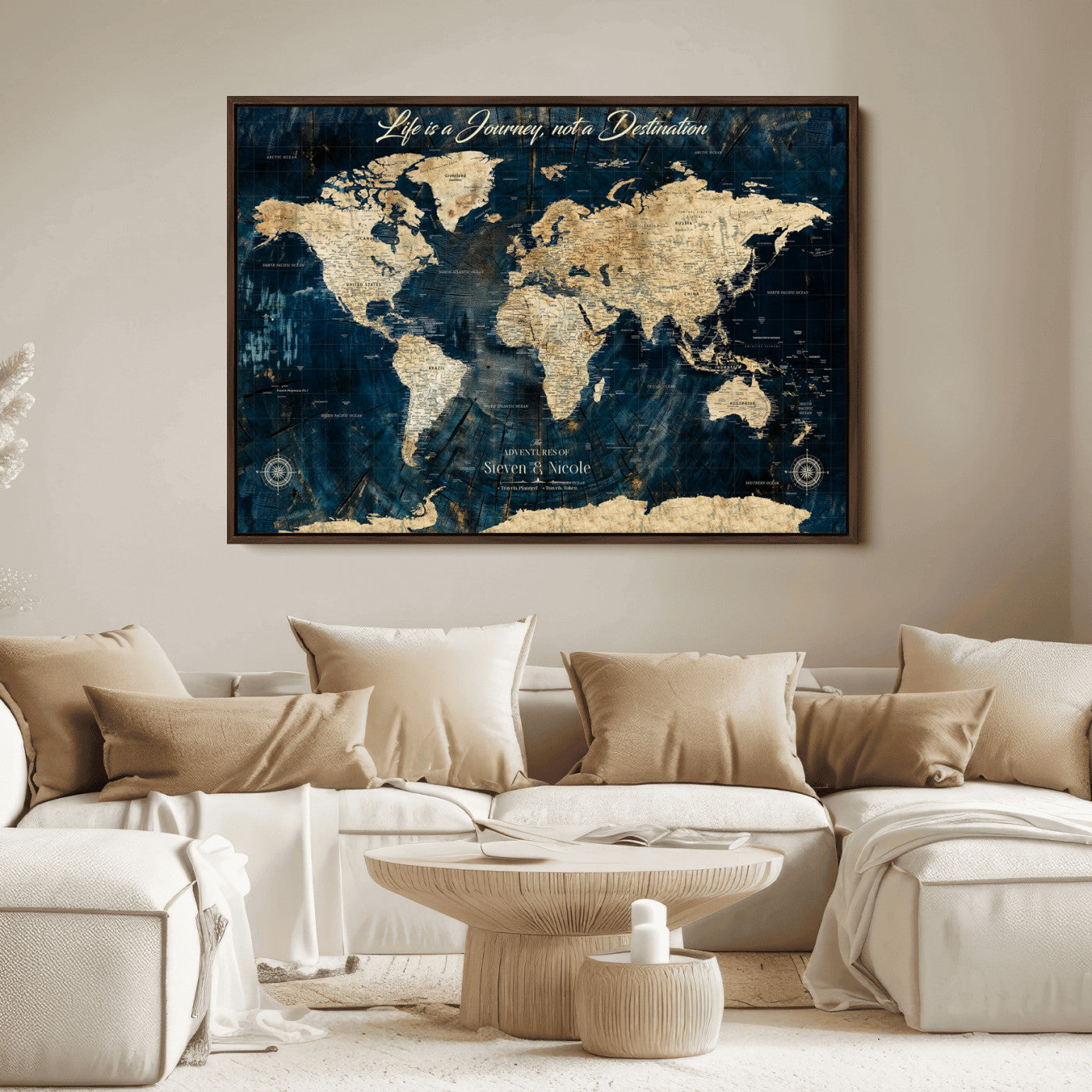 23551206-MGV-CV-36X24-Custom Push Pin World Map Wall Canvas Print – Personalized Travel Tracker with Pins – Framed Large Multi-Size Canvas for Home Office Decor