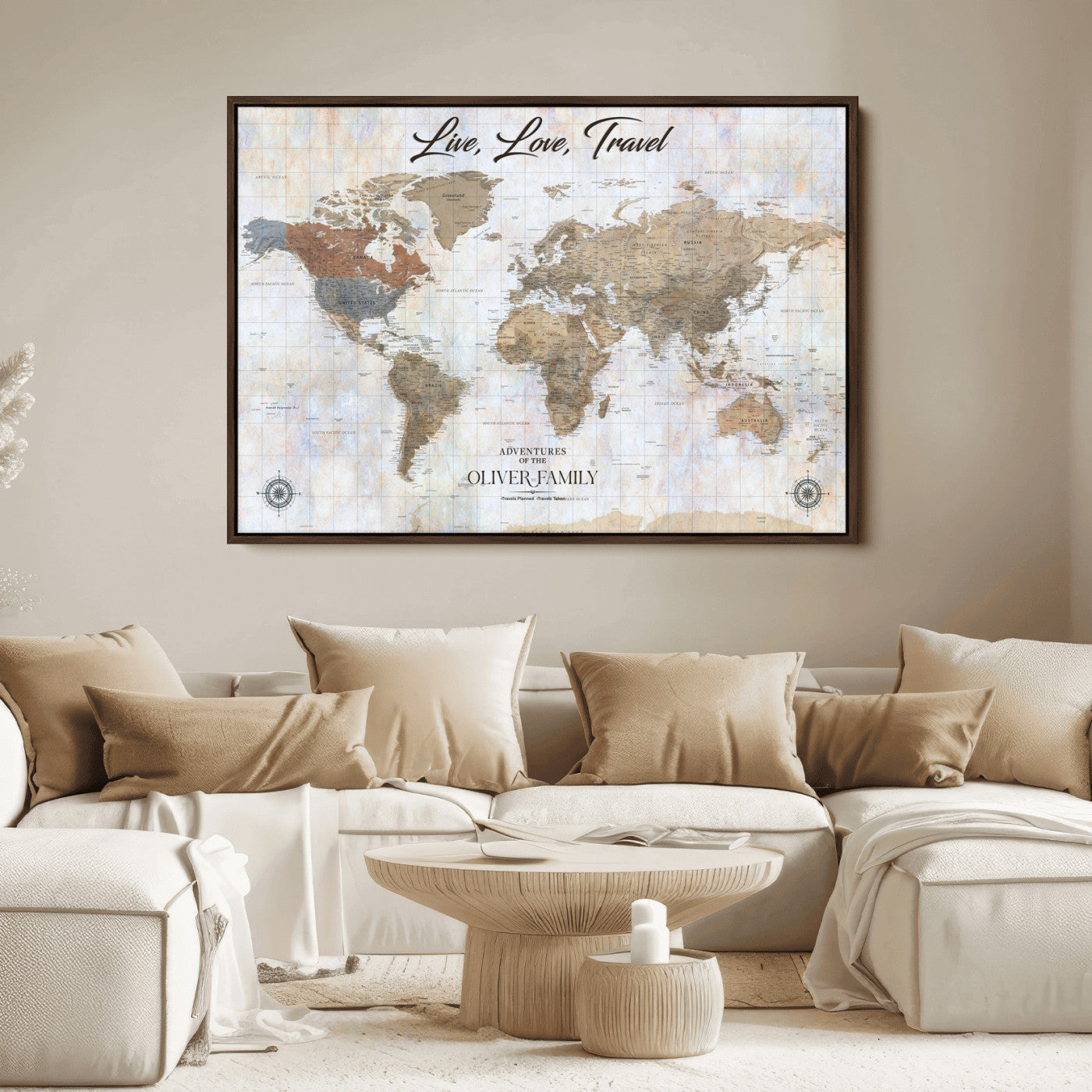 76256172-MGV-CV-36X24-Custom Push Pin World Map Wall Canvas Print – Personalized Travel Tracker with Pins – Framed Large Multi-Size Canvas for Home Office Decor