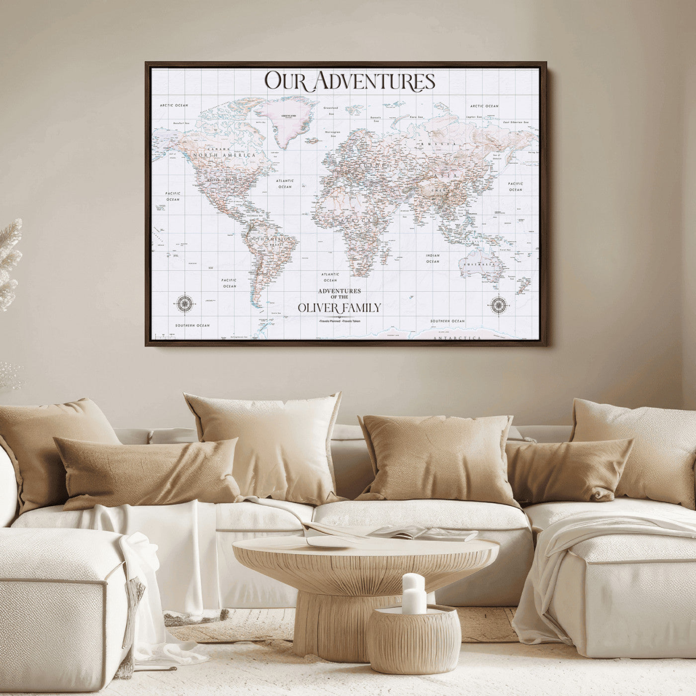 40041157-MGV-CV-36X24-Custom Push Pin World Map Wall Canvas Print – Personalized Travel Tracker with Pins – Framed Large Multi-Size Canvas for Home Office Decor