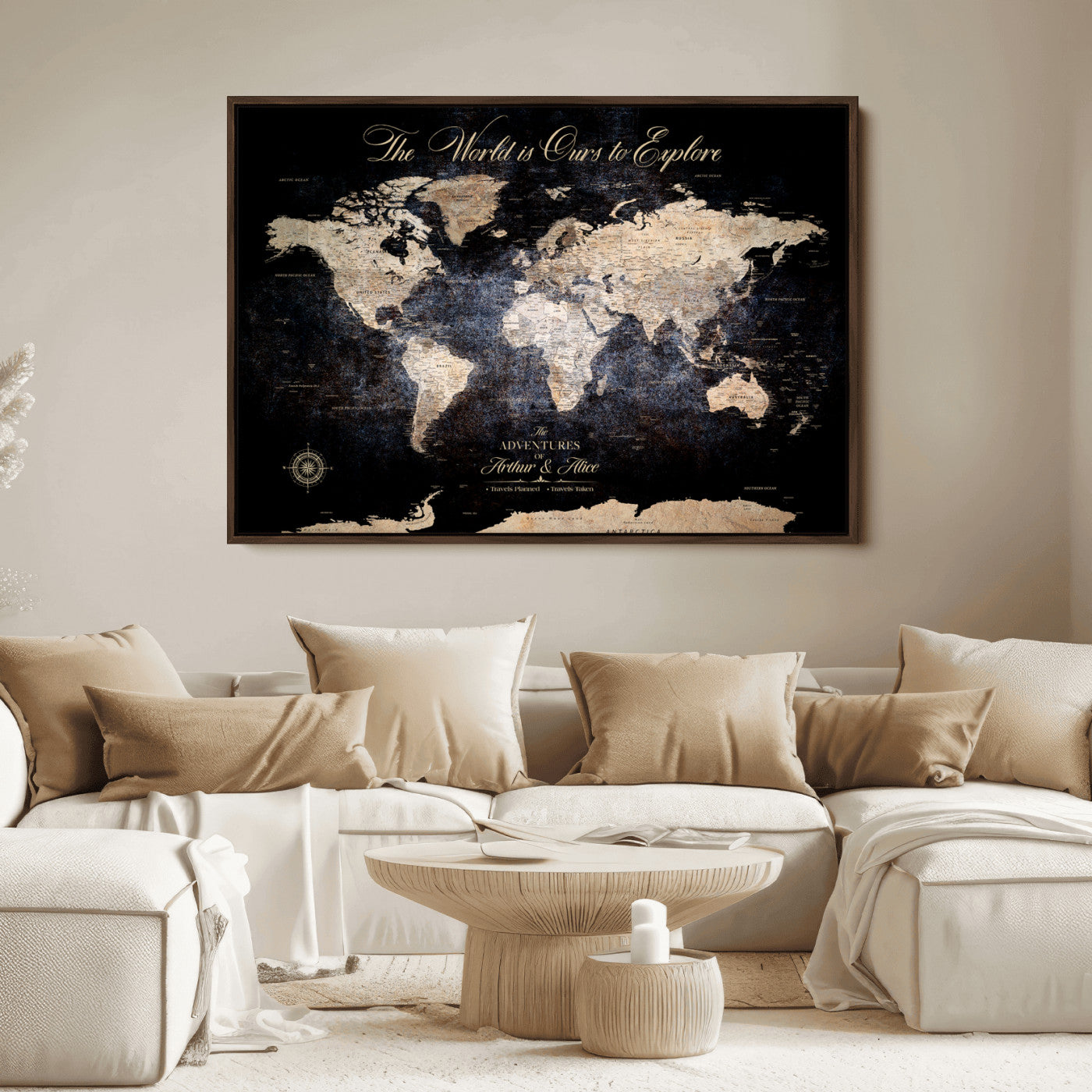 21010471-MGV-CV-36X24-Customize Push Pin World Map Wall Canvas Print, Personalized Travel Tracker with Pins, Framed Large Canvas for Home Office Decor - H37