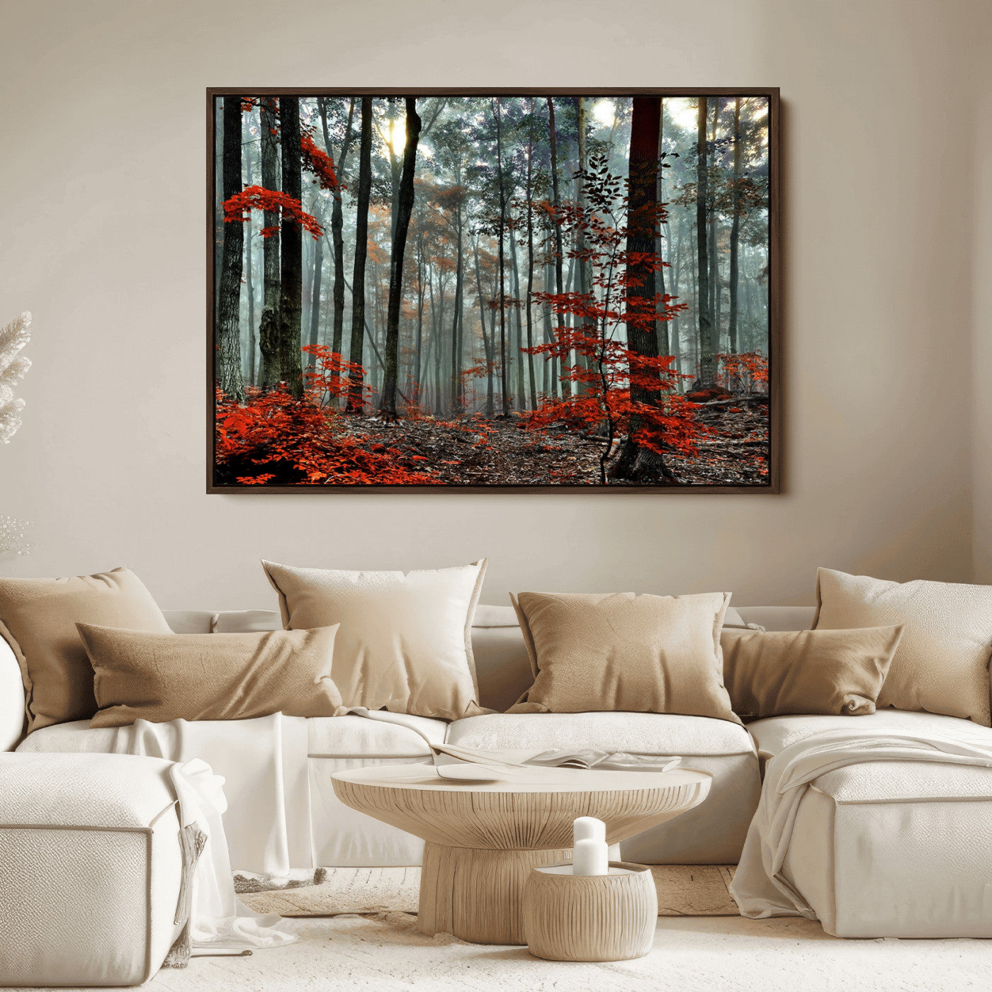 59209-MGV-FC-36X24_Walnut-Autumn Forest Canvas Wall Art – Enchanting Red Leaves Triptych Print – Nature-Inspired Decor for Living Room or Office – Ready to Hang