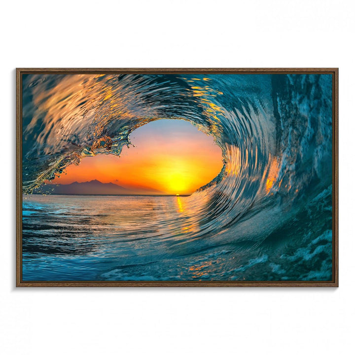 The Ocean Wave Sunset Wall Art canvas print features a vibrant ocean wave at sunset, forming a tunnel with silhouetted mountains.