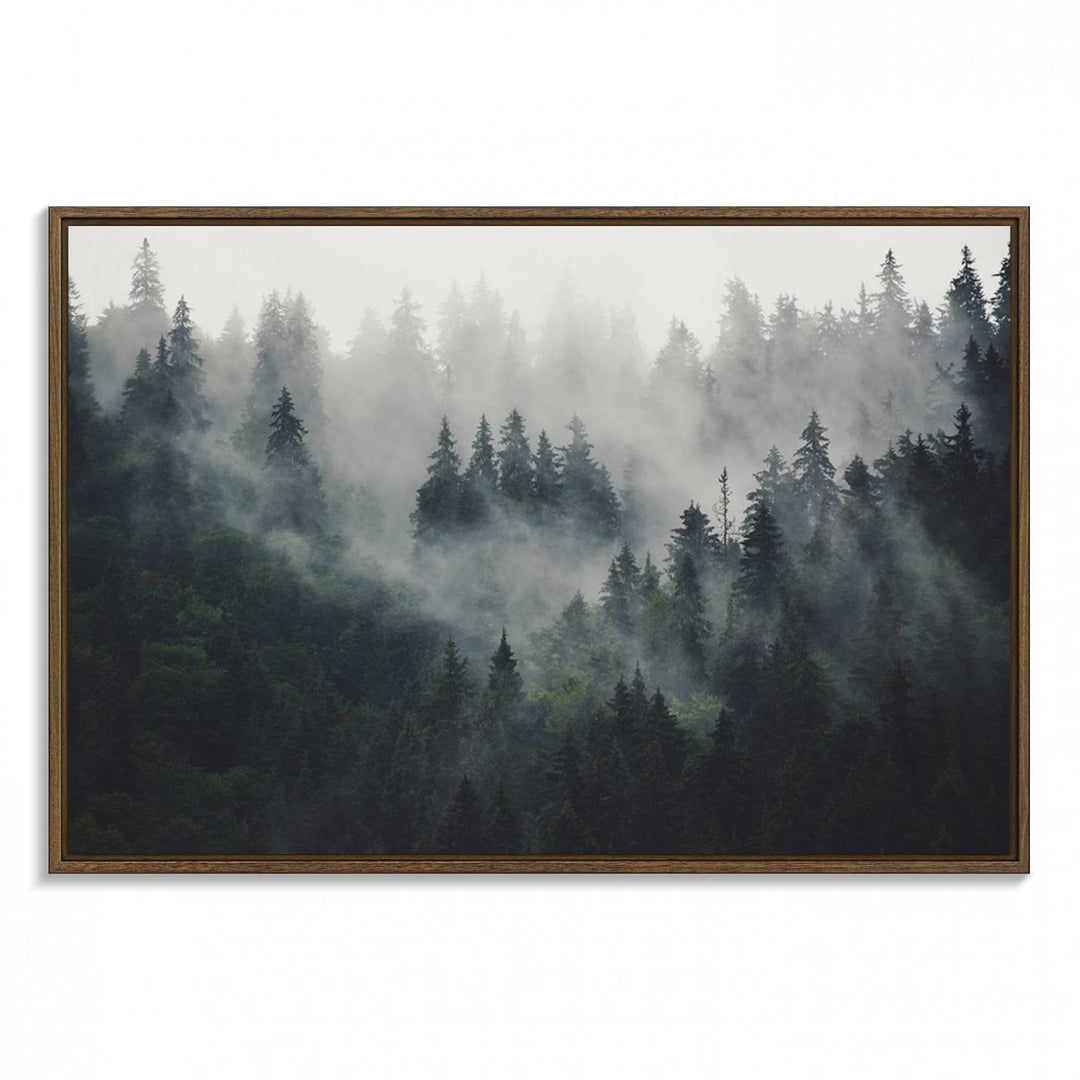 The Serene Triptych Print features tall evergreens, creating a mysterious and calming atmosphere.