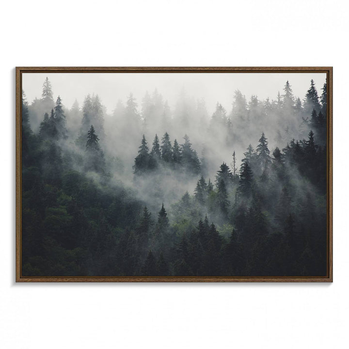 The Serene Triptych Print features tall evergreens, creating a mysterious and calming atmosphere.