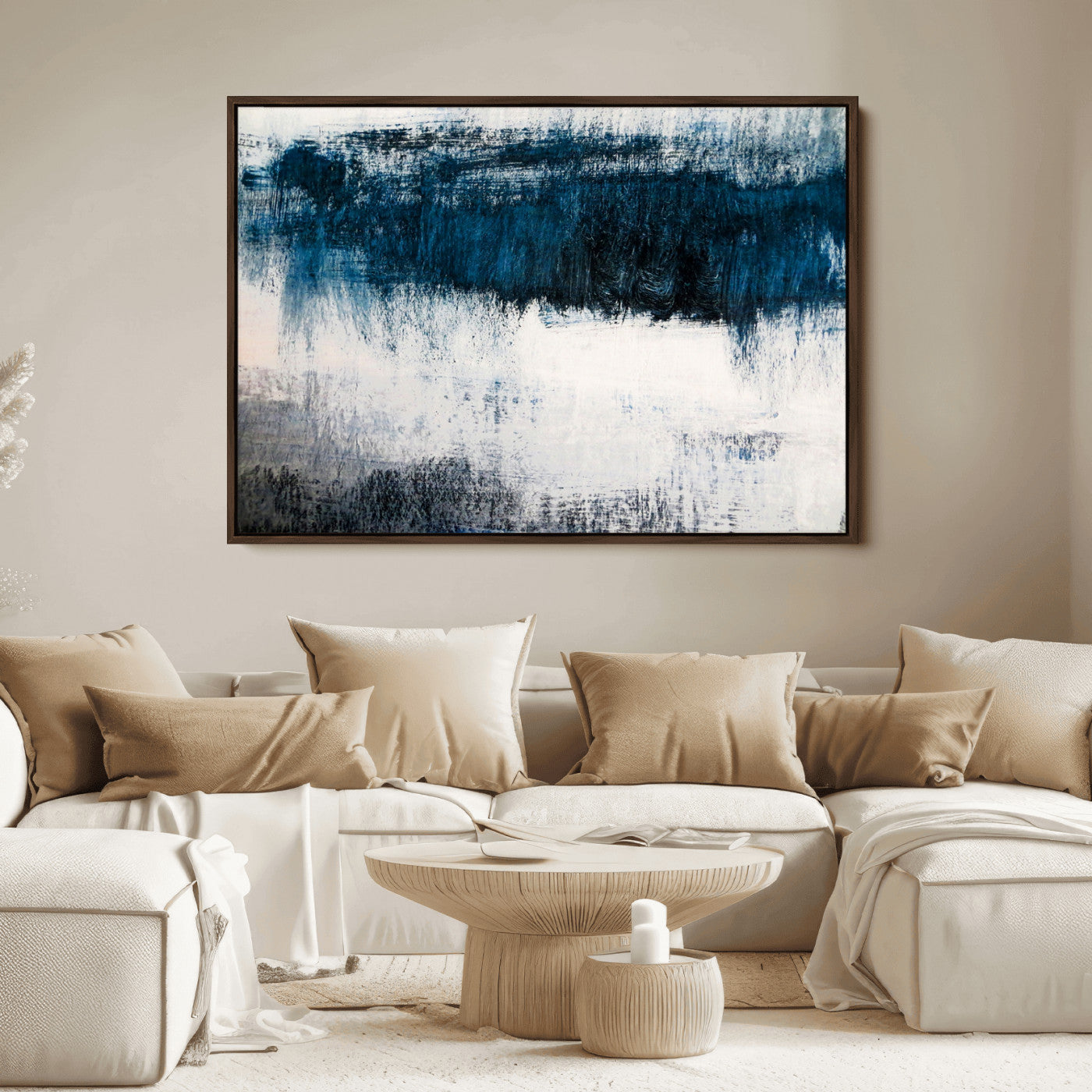 38954-MGV-CV-36X24-Abstract Blue and White Canvas Art | Large Wall Art for Modern Living Room Decor | Minimalist Brushstroke Painting on Canvas