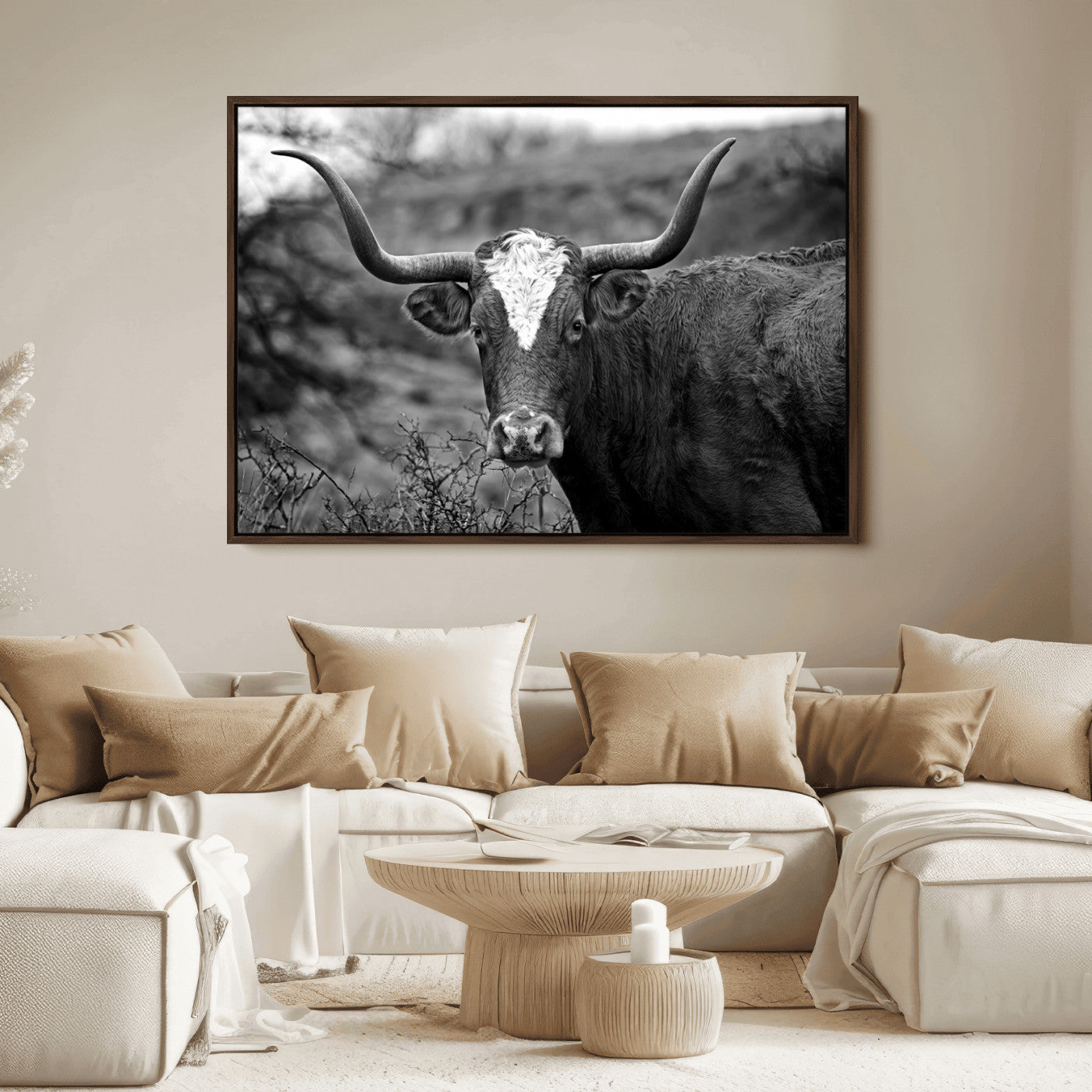 76200-MGV-FC-36X24_Walnut-Western Home Wall Art Canvas Print, Framed Texas Longhorn Art Picture Print, Rustic Cow Perfect Rustic Farmhouse Decor Artwork