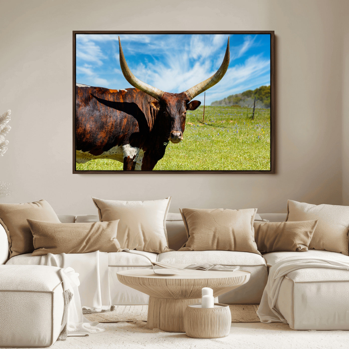 47037-MGV-FC-36X24_Walnut-Longhorn and Cow Wall Art, Country Cow Wall Decor Canvas Print